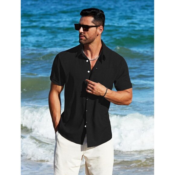Men's Black Linen Short Sleeve Button Down Casual Shirt Business Dress - Picture 4 of 6